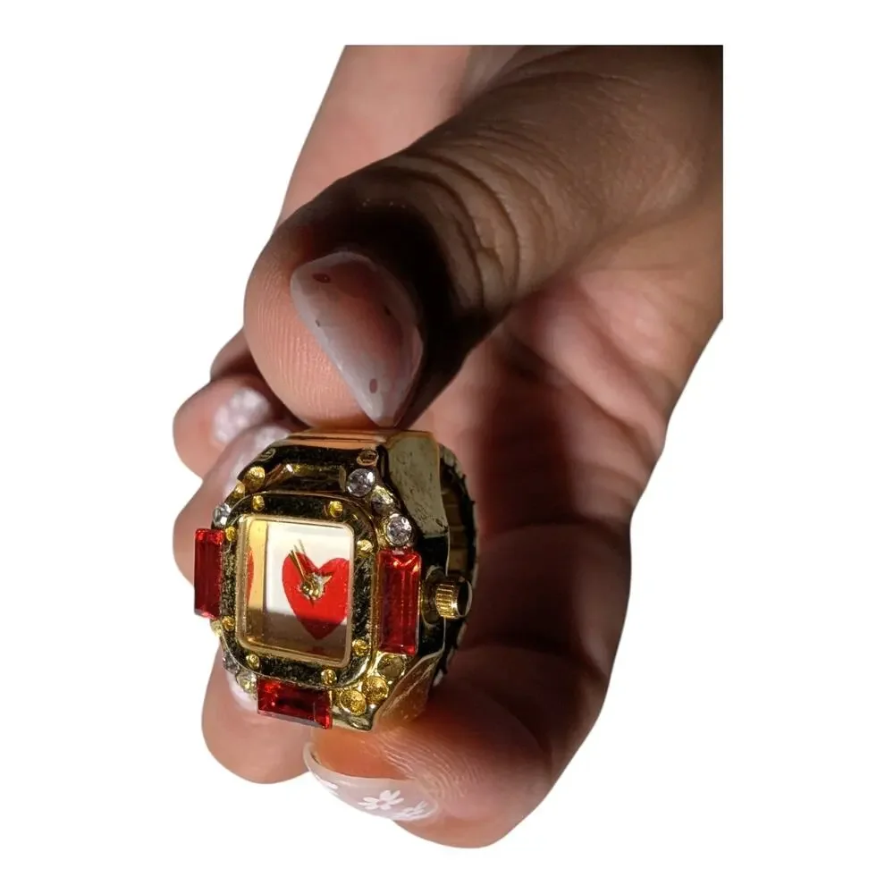 Vtg 1990s Gold Tone Heart Graphic Red Rhinestone Accent Quartz Ring Watch